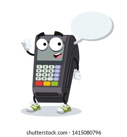 cartoon joyful EDC card swipe machine mascot with a speech bubble on a white background
