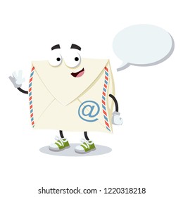 cartoon joyful envelope with a email symbol mascot with a speech bubble on a white background