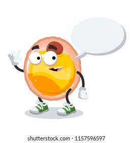 cartoon joyful fat cell mascot with a speech bubble on a white background