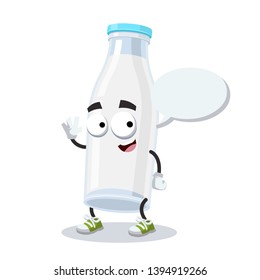 cartoon joyful filled glass milk bottle mascot with a speech bubble on a white background