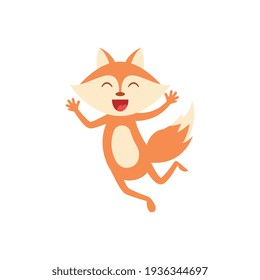 Cartoon joyful fox jumping isolated on white. Smiling funny fox hopping. Happy animal character. 
