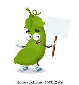 cartoon joyful fresh green pea pod mascot with tablet in hand on white background