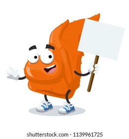 cartoon joyful fried chicken wings mascot with tablet in hand on white background