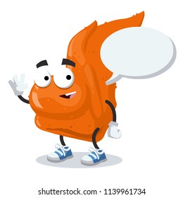 cartoon joyful fried chicken wings mascot with a speech bubble on a white background