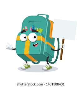 cartoon joyful full kids school backpack mascot with tablet in hand on white background