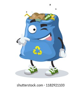 cartoon joyful garbage bag winks on a white background