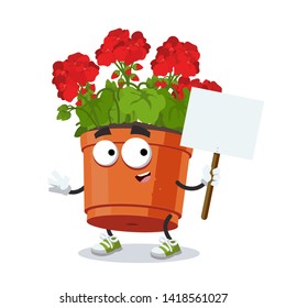 cartoon joyful geranium flower in a pot mascot with tablet in hand on white background