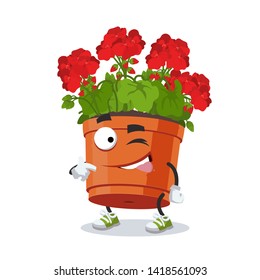 cartoon joyful geranium flower in a pot winks on a white background