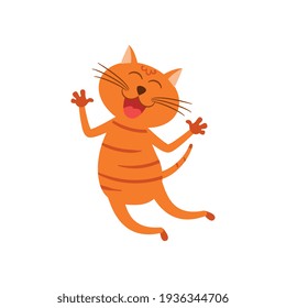 Cartoon Joyful Ginger Cat Jumping Isolated On White. Smiling Kitten Hopping. Happy Animal Character. 