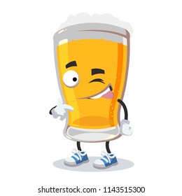 cartoon joyful glass of beer winks on a white background