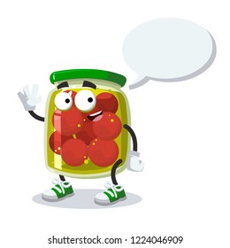 cartoon joyful glass jar of pickled tomatoes mascot with a speech bubble on a white background