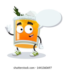 cartoon joyful glass of Winter Sun cocktail mascot with a speech bubble on a white background