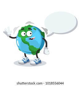 cartoon joyful globe mascot with a caption cloud on a white background