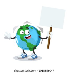 cartoon joyful globe mascot with tablet in hand on white background