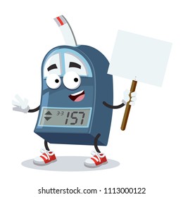 cartoon joyful glucometer mascot with tablet in hand on white background