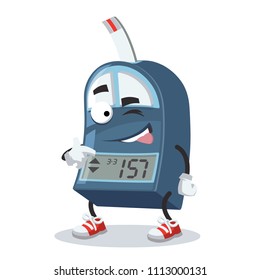 cartoon joyful glucometer winks on a white background