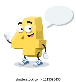 cartoon joyful golden number 4 four mascot with a speech bubble on a white background