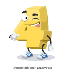 cartoon joyful golden number 4 four winks on a white background