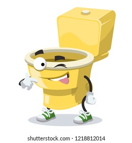 cartoon joyful golden toilet pan winks on a white background