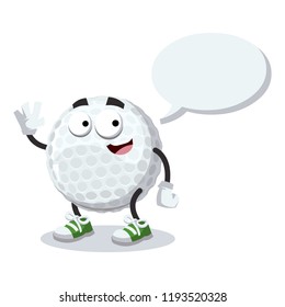 cartoon joyful golf ball mascot with a speech bubble on a white background