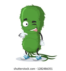 cartoon joyful green bacteria germ winks on a white background