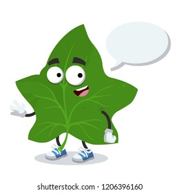 cartoon joyful green ivy leaf mascot with a speech bubble on a white background