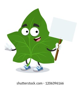 cartoon joyful green ivy leaf mascot with tablet in hand on white background
