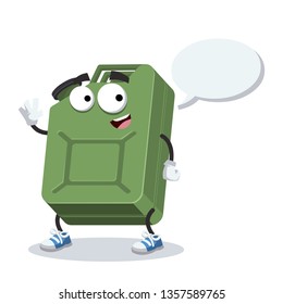 cartoon joyful green metal canister for gasoline mascot with a speech bubble on a white background