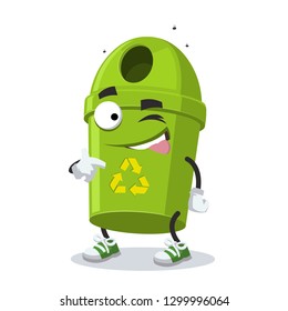 cartoon joyful green round recycle bin garbage can winks on a white background