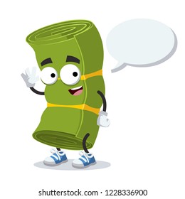 cartoon joyful green twisted yoga mat mascot with a speech bubble on a white background