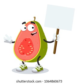 cartoon joyful guava mascot with tablet in hand on white background