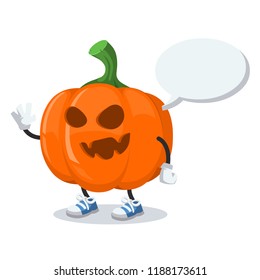 cartoon joyful halloween pumpkin mascot with a speech bubble on a white background