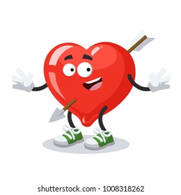 cartoon joyful heart with an arrow smiling on a white background