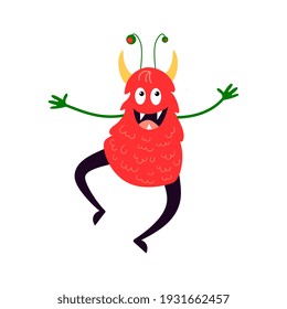 Cartoon joyful horned red monster isolated on white. Funny fantasy creature. Design for print, party decoration,  illustration,  sticker.