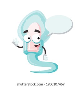 cartoon joyful human sperm cell mascot with a speech bubble on a white background
