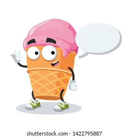cartoon joyful ice cream in a waffle cup mascot with a speech bubble on a white background