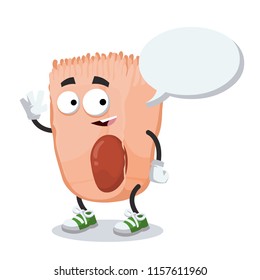 cartoon joyful intestinal cell mascot with a speech bubble on a white background