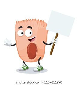 cartoon joyful intestinal cell mascot with tablet in hand on white background