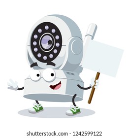 cartoon joyful IP camera security system mascot with tablet in hand on white background
