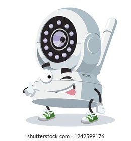 cartoon joyful IP camera security system winks on a white background