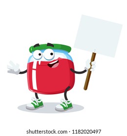 cartoon joyful jam in glass jar mascot with tablet in hand on white background
