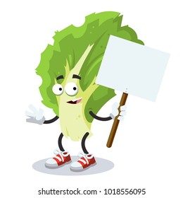 cartoon joyful kale leaf mascot with tablet in hand on white background