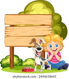 Cartoon of a joyful kid and dog near a sign.