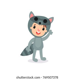 Cartoon joyful kid wearing raccoon jumpsuit. Cartoon child character in animal festive costume. Isolated flat vector design