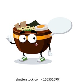 cartoon joyful large cup of ramen noodles mascot with a speech bubble on a white background