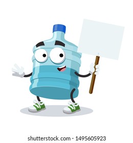 cartoon joyful large plastic water bottle mascot with tablet in hand on white background