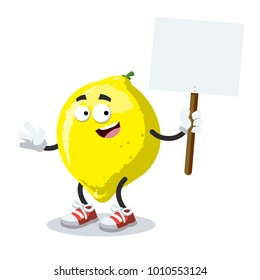 cartoon joyful lemon with tablet in hand on white background