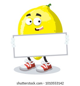 cartoon joyful lemon with tablet in hands on white background
