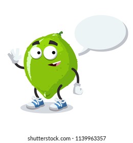 cartoon joyful lime mascot with a speech bubble on a white background