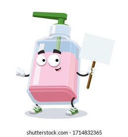 cartoon joyful liquid soap bottle mascot with tablet in hand on white background